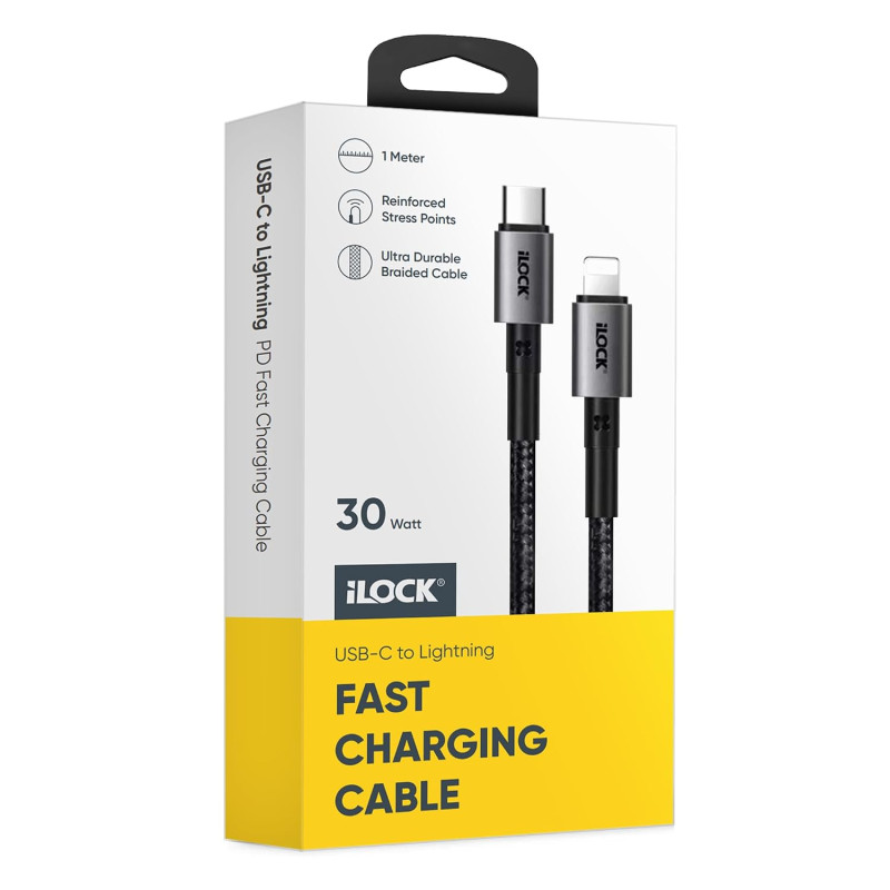 iLOCK USB-C to iPhone Charging Cable | 1 Meter | Ultra Durable Braided Cable | 30 Watt Fast Charging (Type C to iPhone)